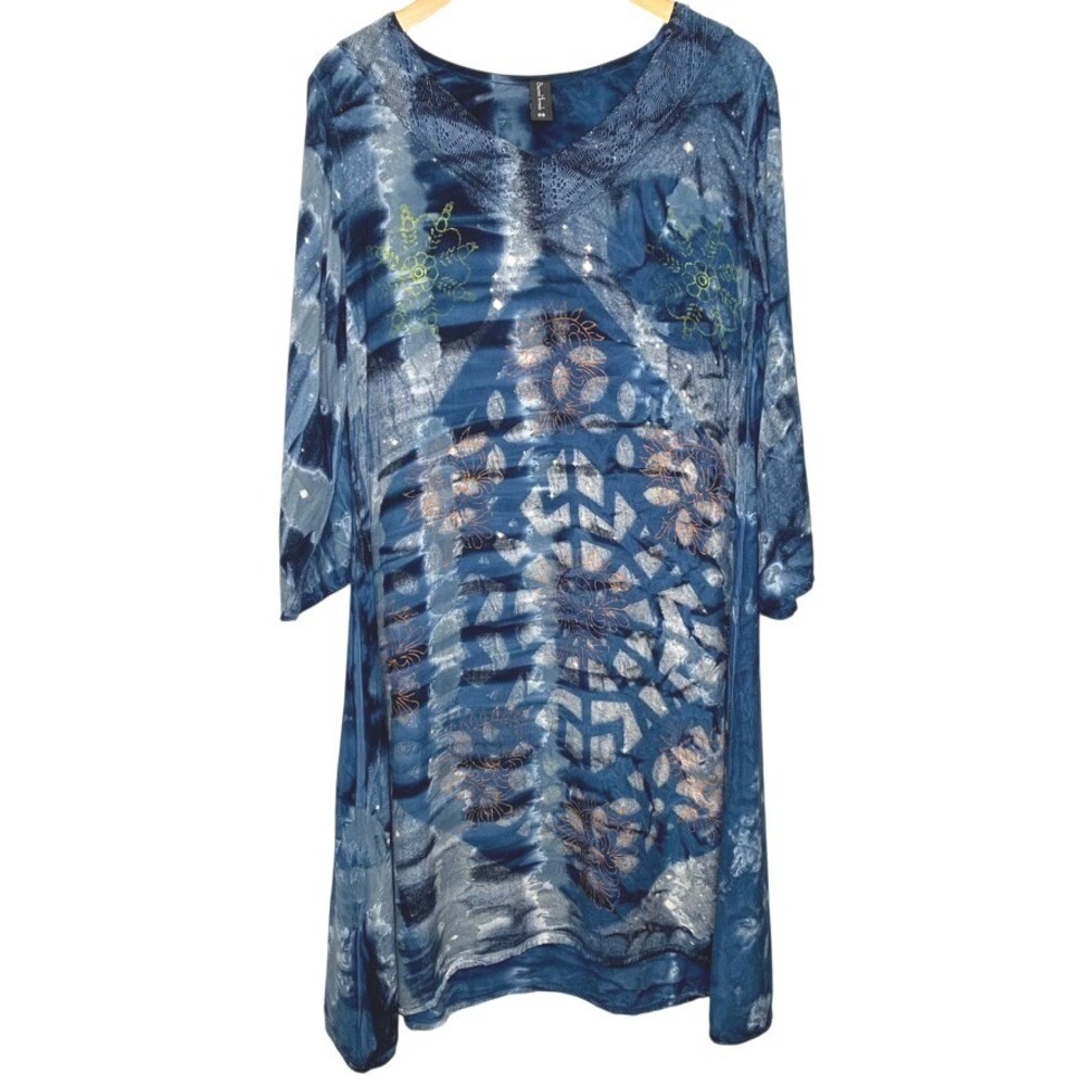 Sacred Threads Blue Tie Dye Boho Dress TunicCrochet V-Neck OS Womens 3/4 Sleeve